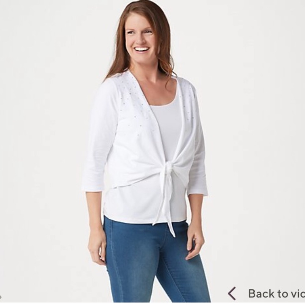 Tie front cardigan with rhinestones WHITE